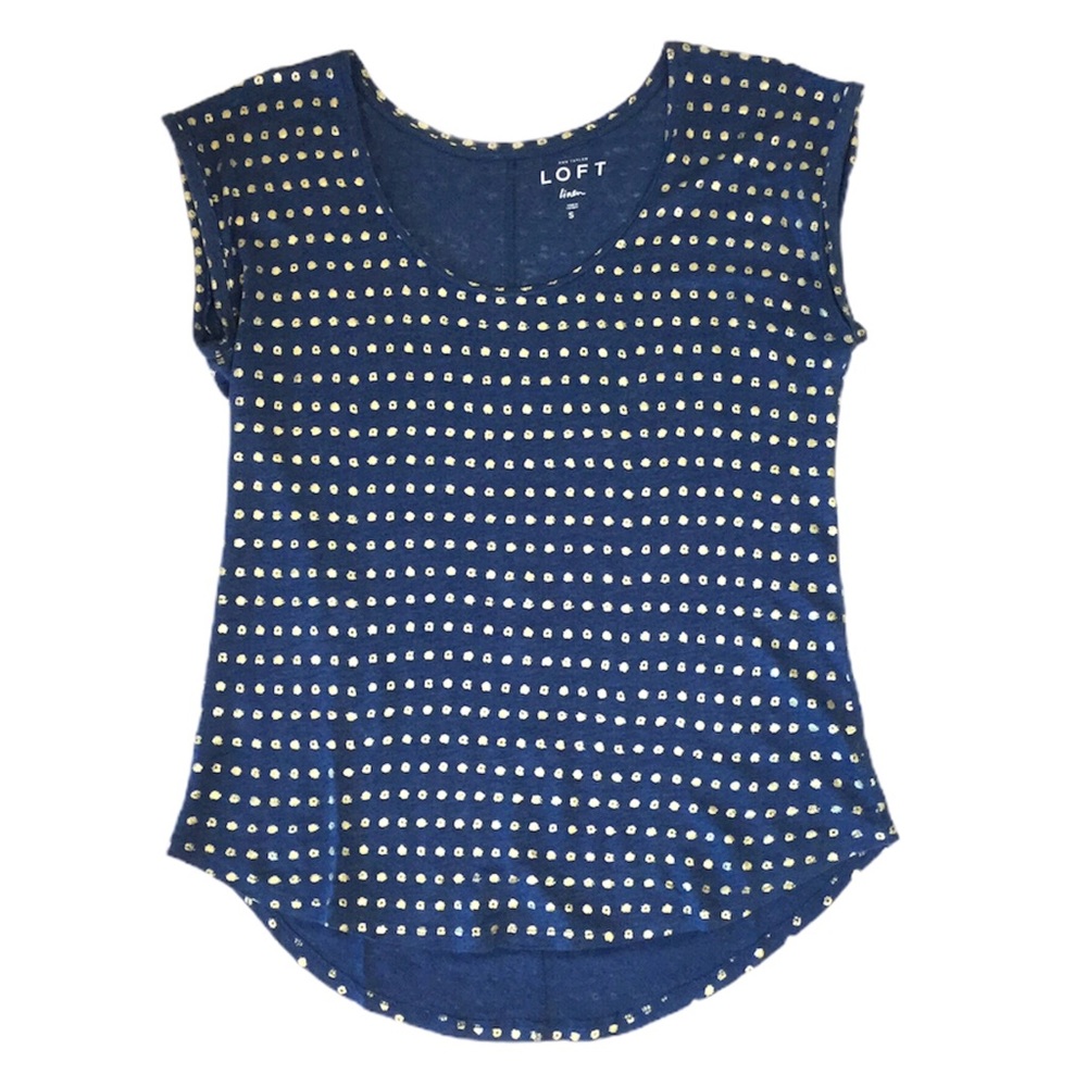 LOFT 100% Linen Navy & Gold Dot Cap Sleeve Top S